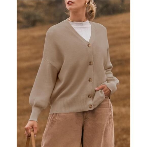 Women's 2025 Fall Casual Long Sleeve Cardigan Khaki - Picture 3 of 6